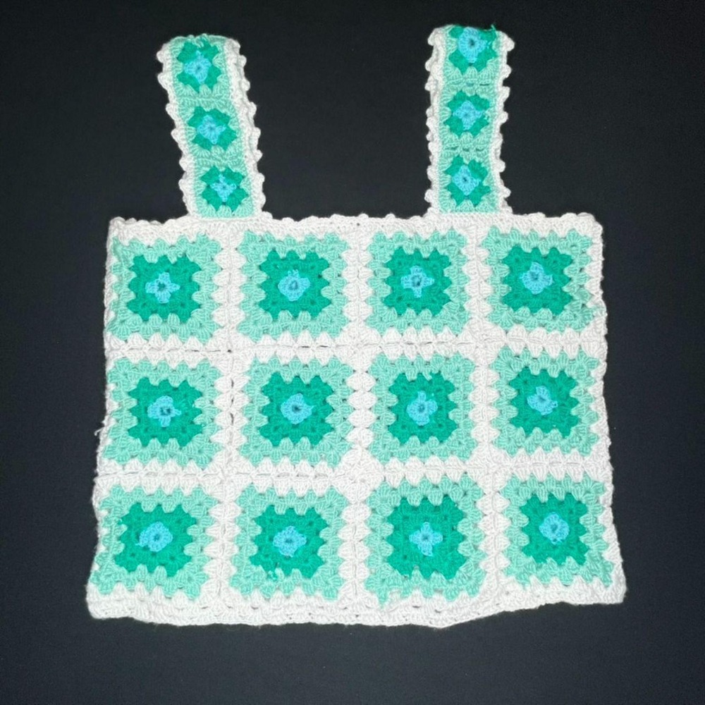 Unbranded Granny Square Crochet Tank Top Medium Teal White Boho Festival Style
